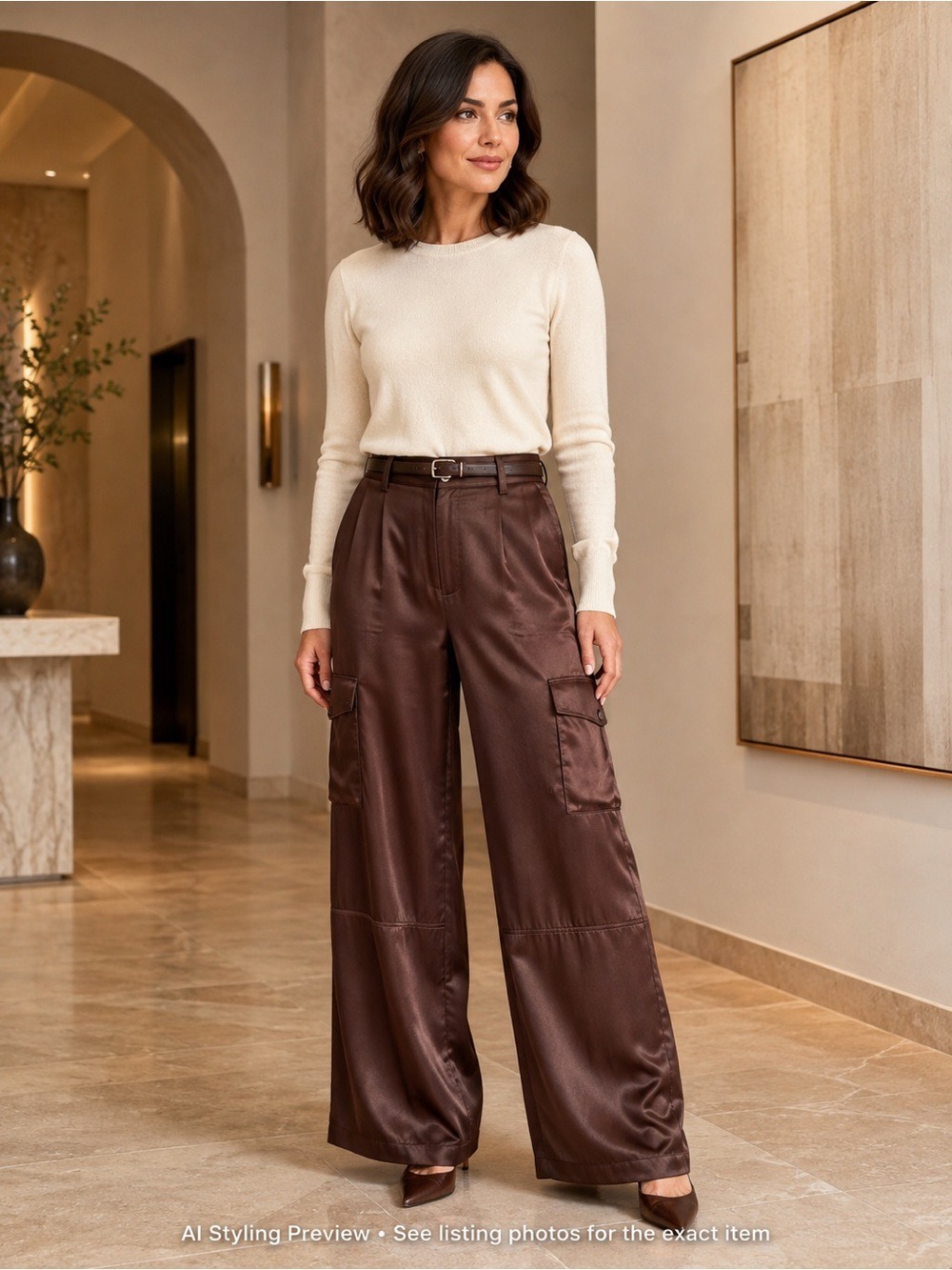 Part Two US 8-10 Brown Satin Wide Leg Cargo Pants High Rise Utility 40